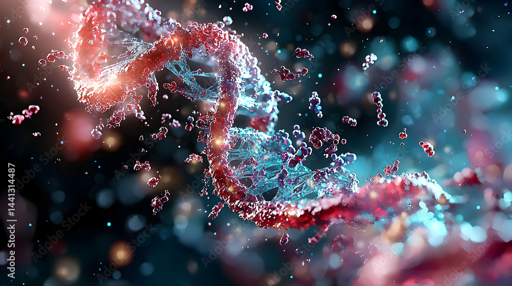 A vivid artistic rendering of a DNA strand showcases its intricate structure. This image is suitable for biology presentations and scientific illustrations. It can be used in educational materials. A vivid artistic rendering of a DNA strand showcases its intricate structure. This image is suitable for biology presentations and scientific illustrations. It can be used in educational materials.