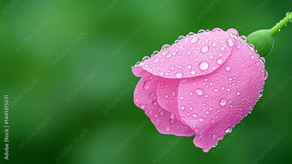 Fototapeta premium Pink Rosebud With Dew Drops On Green Background