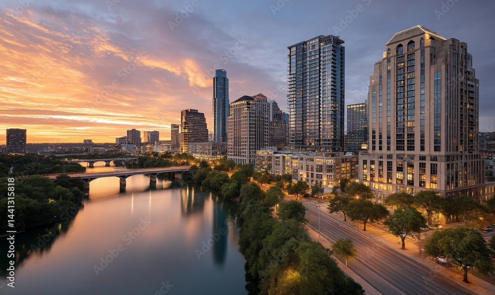 Naklejka premium Austin skyline at sunrise over Lady Bird Lake. Cityscape view of modern high-rise buildings reflected in the water, with a bridge and trees. Ideal for stock photography of urban landscapes