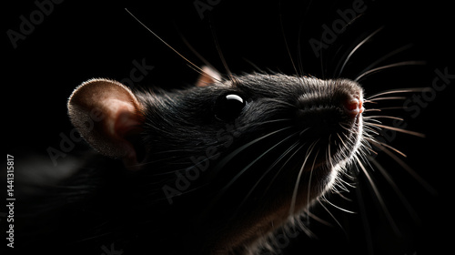 Isolated rodent rat pet looking up, black background, curious whiskers, transparent background.