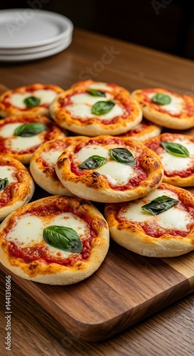 Mini Margherita pizzas with charred crusts, fresh basil, and bubbling mozzarella, arranged on a wooden paddle, party appetizer style.