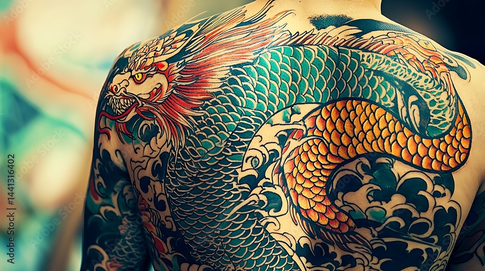 A man has a tattoo of a dragon on his back A man has a tattoo of a dragon on his back
