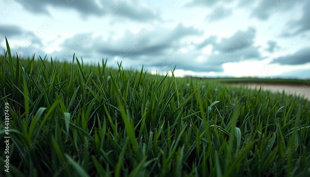 Fototapeta premium Under a Cloudy Sky: The Lush Green of a Young Wheat Field