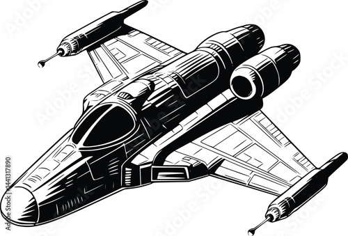 Black and white bold vector of a spaceship, isolated on white background.