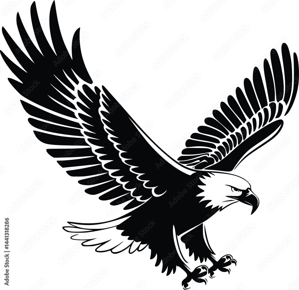 Obraz premium Black and white bold vector of a flying eagle, isolated on white background.
