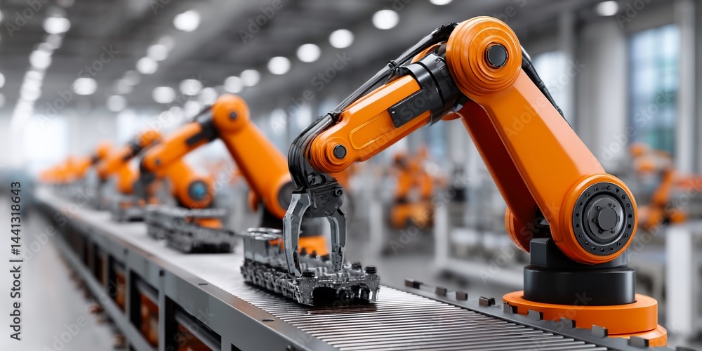 Automated assembly line with robotic arms in a modern factory Automated assembly line with robotic arms in a modern factory