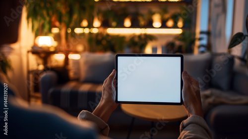 Wallpaper Mural Realtor Presents Blank Digital Tablet to Potential Buyers in Cozy Living Room  Torontodigital.ca