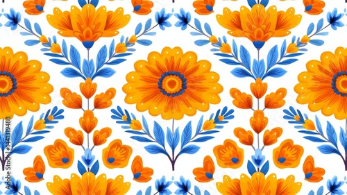 Vibrant Orange And Blue Floral Pattern Seamless Texture Background
