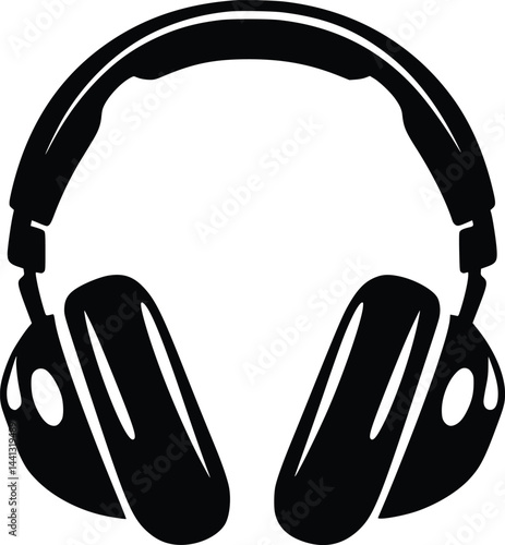 Black and white bold vector of a headphone set, isolated on white background.