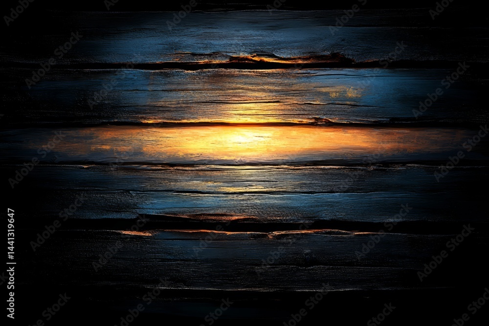 Obraz premium Dark wooden planks, sunlit horizon, abstract sunset scene.