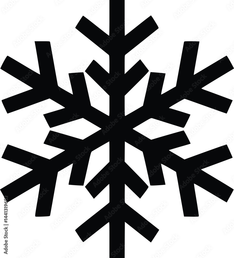 Black and white bold vector of a snowflake icon, isolated on white background.