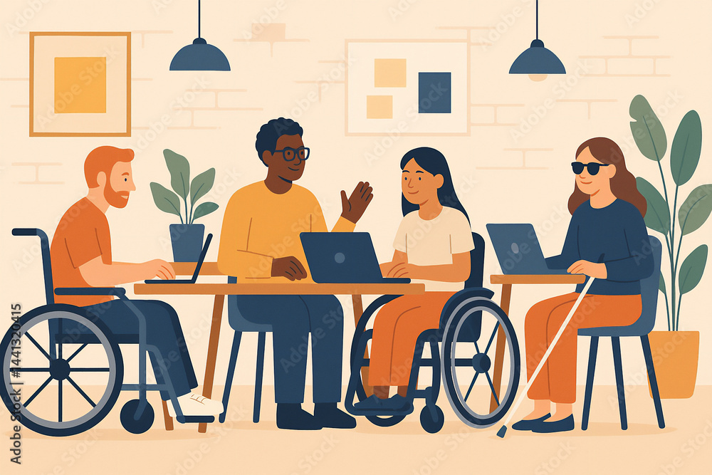 Inclusive group of diverse people with disabilities working together at coworking space with laptops illustration Inclusive group of diverse people with disabilities working together at coworking space with laptops illustration