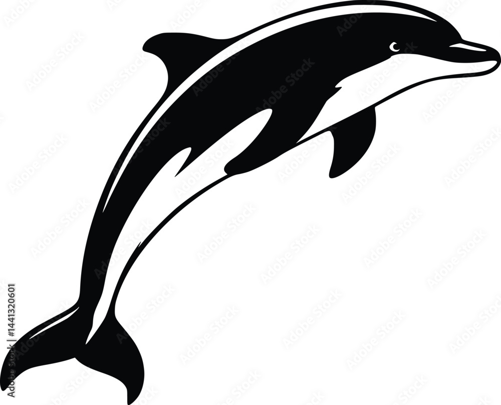 Fototapeta premium Black and white bold vector of a leaping dolphin, isolated on white background.