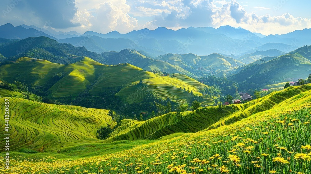 Obraz premium Lush Green Hills and Vibrant Sky Over Rural Landscape for Sustainable Farming and Climate-Resilient Agriculture Practices