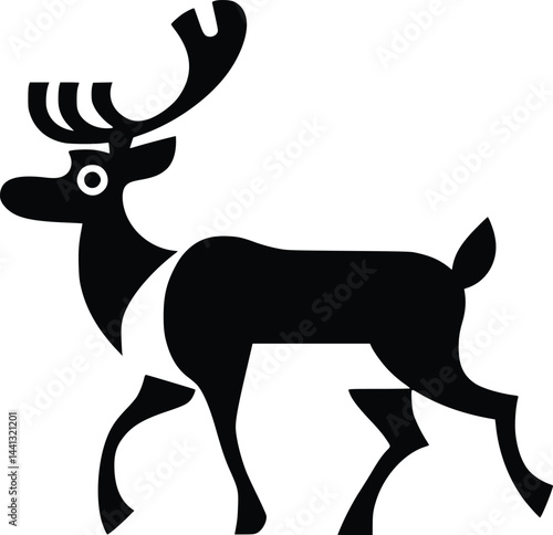Black and white bold vector of a reindeer walking, isolated on white background.