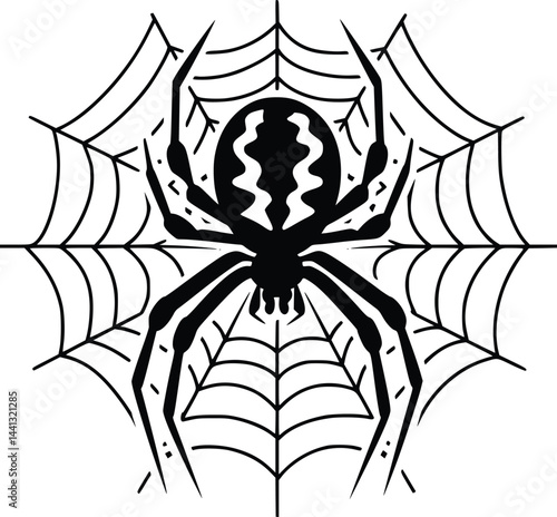 Black and white bold vector of a spider weaving web, isolated on white background.