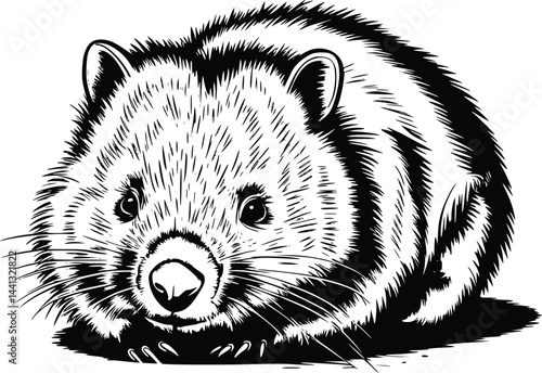 Black and white bold vector of a wombat resting, isolated on white background.