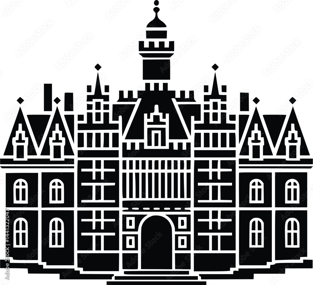 Fototapeta premium Black and white bold vector of a historic castle, isolated on white background.