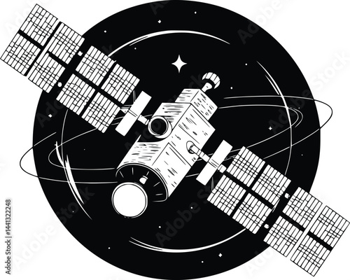 Black and white bold vector of a satellite orbiting earth, isolated on white background.