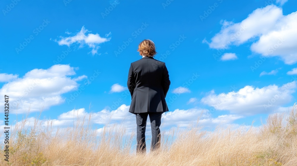 Businessman standing in a field, looking towards a vast blue sky Businessman standing in a field, looking towards a vast blue sky