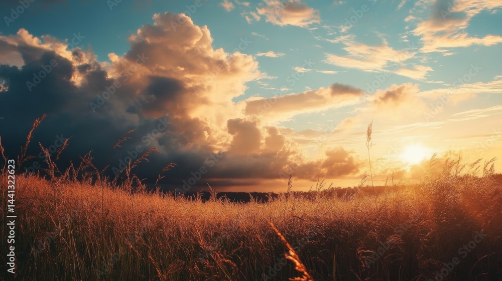 Obraz premium Golden hour sunset with dramatic clouds over grassy field