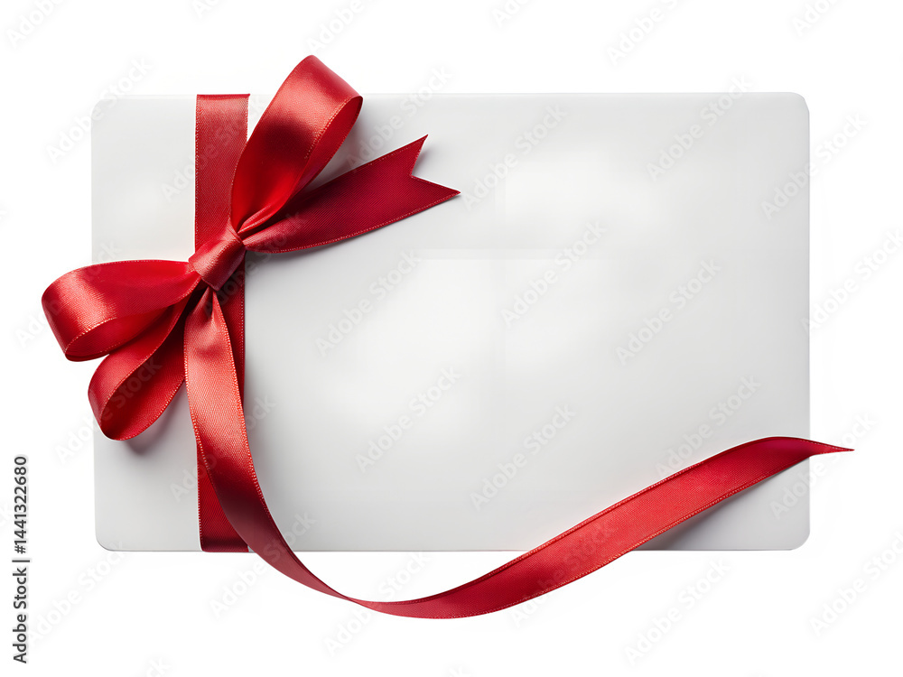 A white rectangular card with a red ribbon tied around the top left corner on a transparent background A white rectangular card with a red ribbon tied around the top left corner on a transparent background