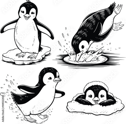 Bold black and white hand-drawn illustrations of 4 penguins doodling waddling on ice, diving into water, sliding on bellies, and resting in snow, isolated on white.