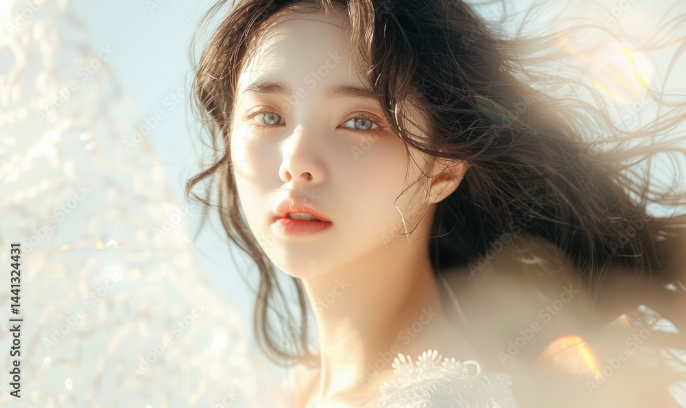 close-up of a woman with long wavy hair gently blowing in the breeze with soft sunlight and delicate lace fabric creating an ethereal and peaceful atmosphere close-up of a woman with long wavy hair gently blowing in the breeze with soft sunlight and delicate lace fabric creating an ethereal and peaceful atmosphere