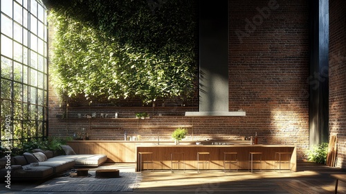 Modern Kitchen Design with Dual Layer Range Hood and Greenery in a Sunlit Industrial Space