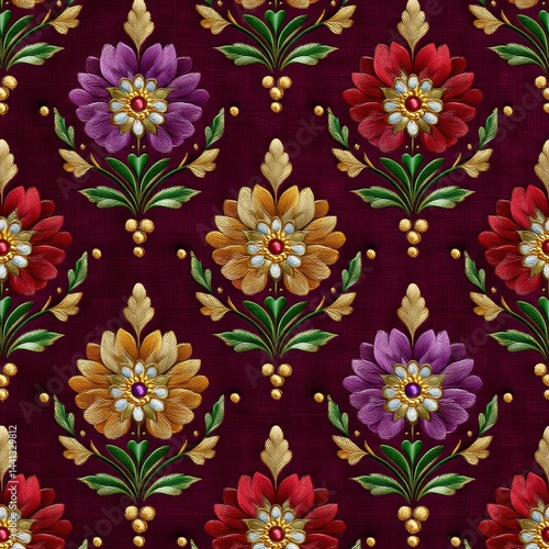 Wallpaper Mural Jeweled Floral Pattern Gold, Purple, and Red Flowers on Dark Burgundy Torontodigital.ca