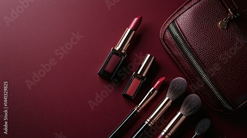 A designer cosmetic bag, luxury lipsticks, and a set of makeup brushes placed on a deep burgundy-colored surface.