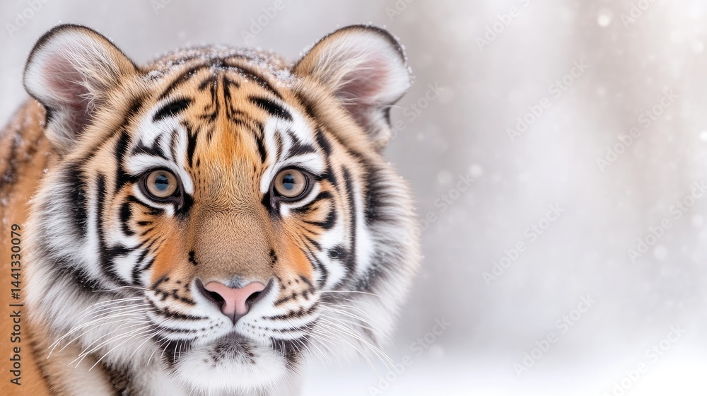A close-up portrait of a tiger's face with a snow-covered background, showcasing its intense gaze and distinctive stripes. A close-up portrait of a tiger's face with a snow-covered background, showcasing its intense gaze and distinctive stripes.
