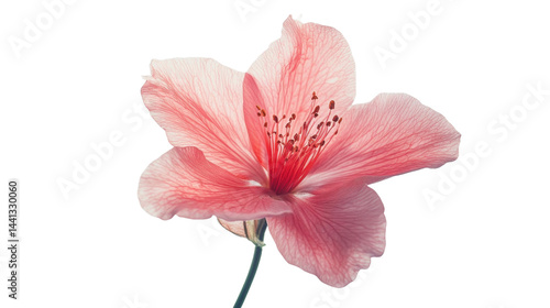 The image showcases a close-up view of a beautiful, delicate pink flower with intricate petal details and translucent quality.