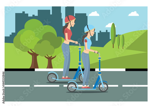 Illustration people rides a sports bike on a park road with friend, Vector Illustration