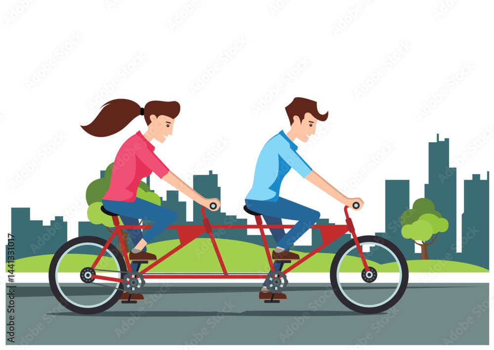 Obraz premium Illustration people rides a sports bike on a park road with friend, Vector Illustration