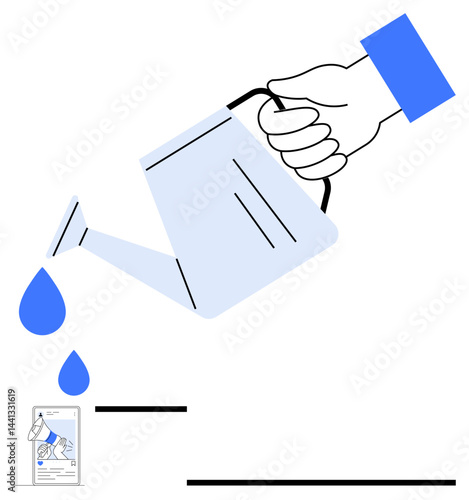 Hand with watering can dripping water onto a small document, representing nurturing ideas, investment, and growth. Ideal for creativity, business strategy, innovation, sustainability, teamwork