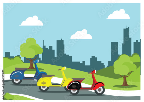 Illustration people rides a sports bike on a park road with friend, Vector Illustration