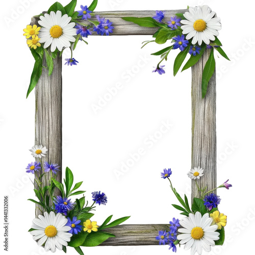 This image presents a wooden picture frame, adorned with daisies and colorful small flowers, creating a beautiful border.