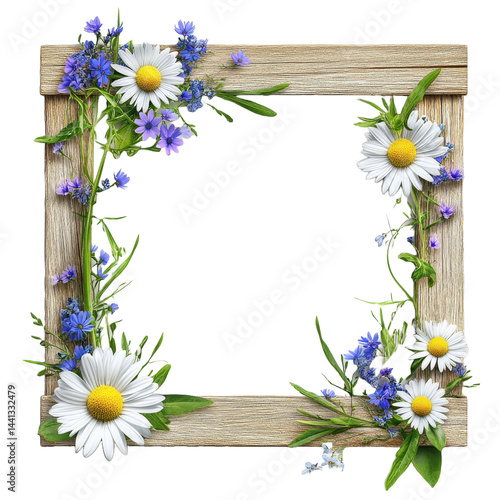A wooden picture frame decorated with white daisies, blue flowers, and green foliage.