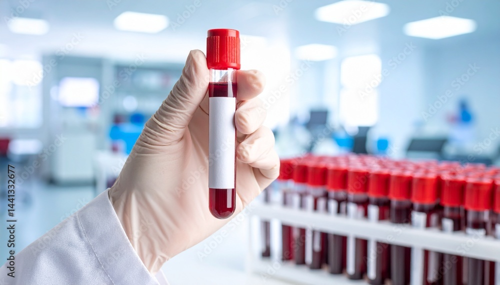 closeup of doctor's hand in the lab holding empty label blood sample in test tube closeup of doctor's hand in the lab holding empty label blood sample in test tube