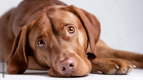 Wallpaper Mural Lying down brown coated dog with focused gaze, soft studio lighting, head and shoulders portrait, warm and inviting studio shot. Torontodigital.ca