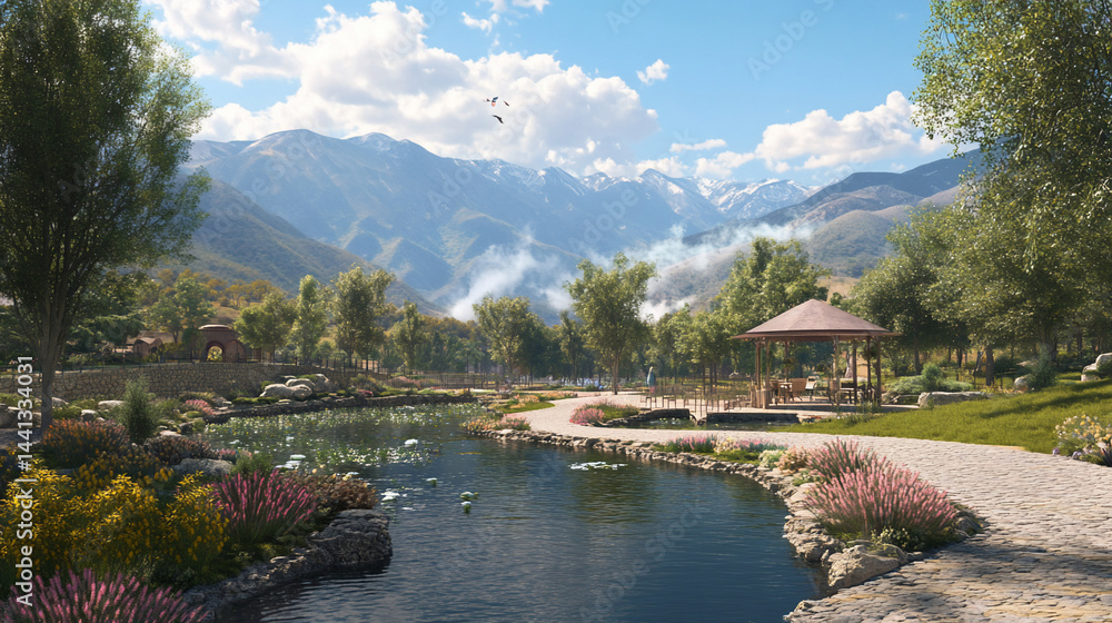 Fototapeta premium Serene mountain park with water features