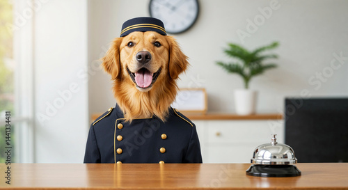 Friendly golden retriever bellboy welcoming guests at hotel reception  