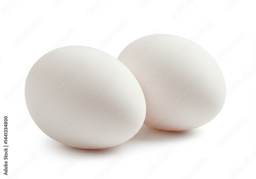 Two white eggs lying side by side on a white surface in a simple and clean studio shot image style Two white eggs lying side by side on a white surface in a simple and clean studio shot image style