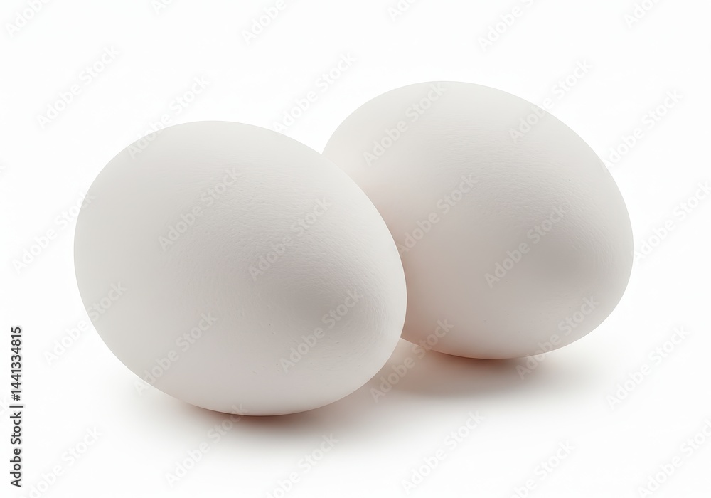 A close up shot of two white eggs on a white surface with soft shadows and clean background lighting A close up shot of two white eggs on a white surface with soft shadows and clean background lighting