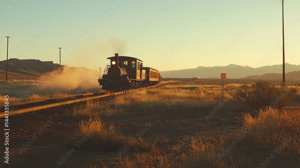 Fototapeta premium Vintage steam locomotive train traversing a desert landscape.