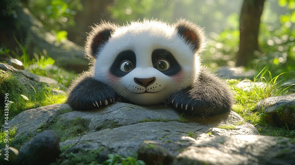 Fototapeta premium Cute panda cub rests on a rock in a green forest setting.