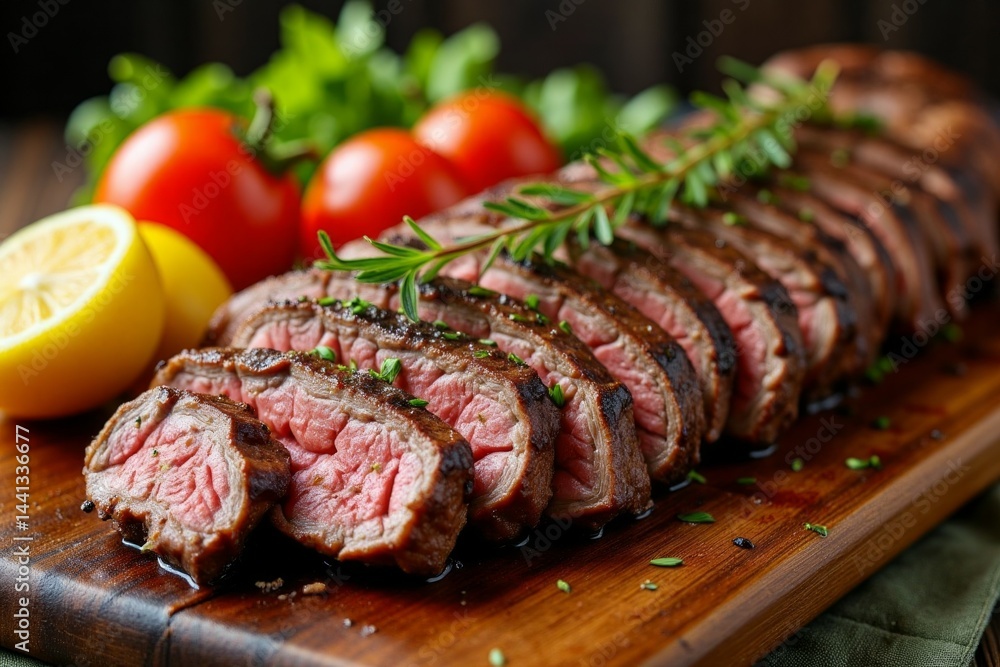 Sliced, grilled steak served with fresh vegetables. Sliced, grilled steak served with fresh vegetables.