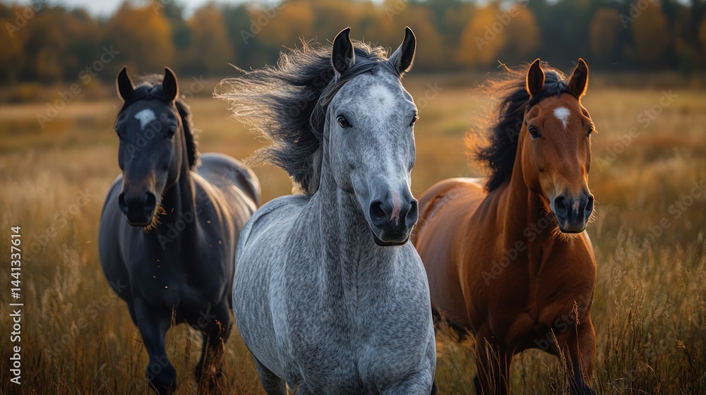 Three horses running in a field with trees in the background. Three horses running in a field with trees in the background.