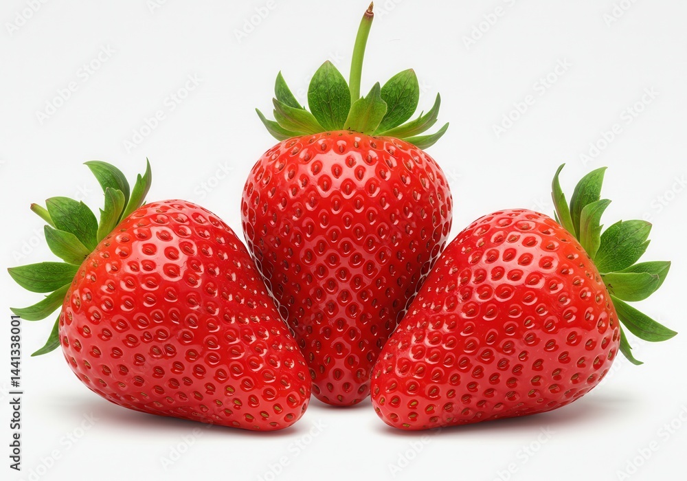 A close up shot of three ripe strawberries with green leaves on a white background in studio light A close up shot of three ripe strawberries with green leaves on a white background in studio light